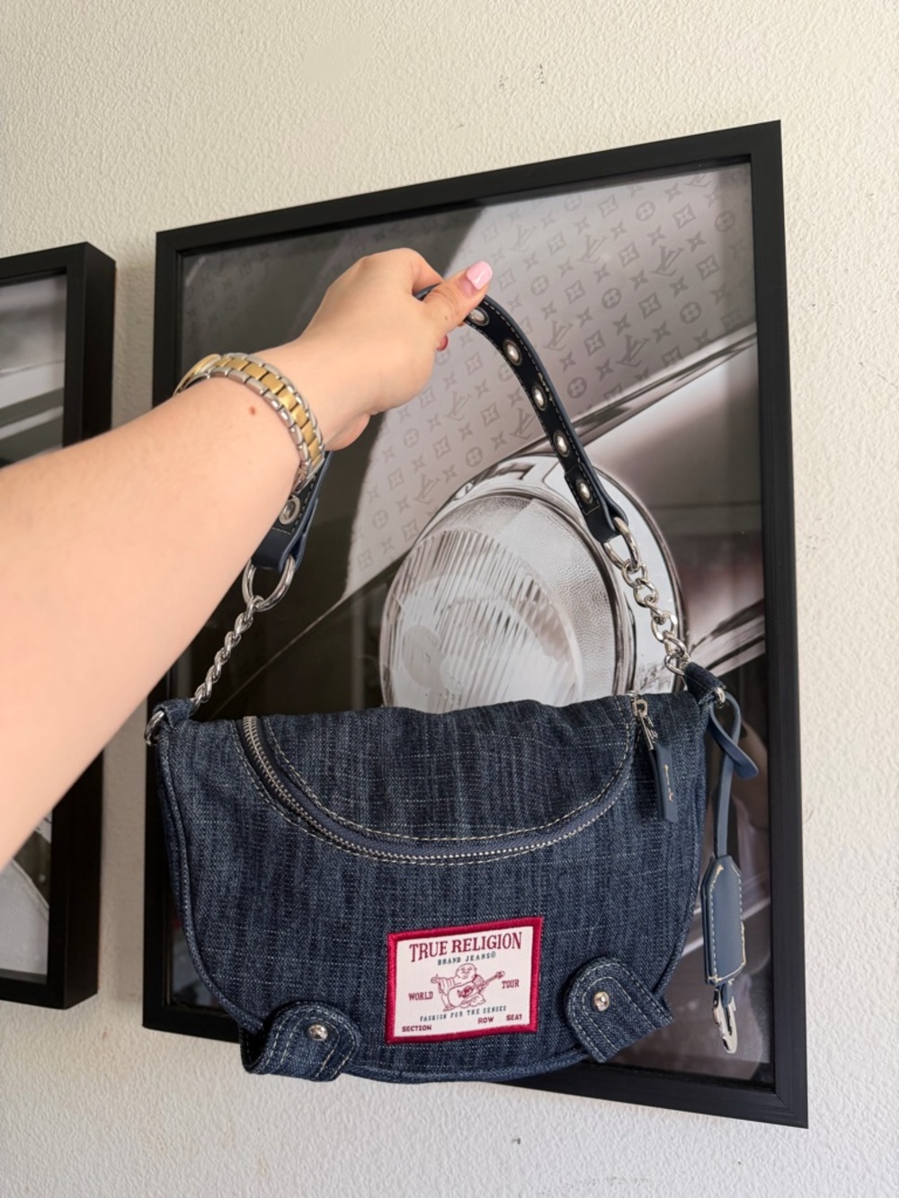 True Religion Dark Blue Denim Shoulder Bag with Chain Strap